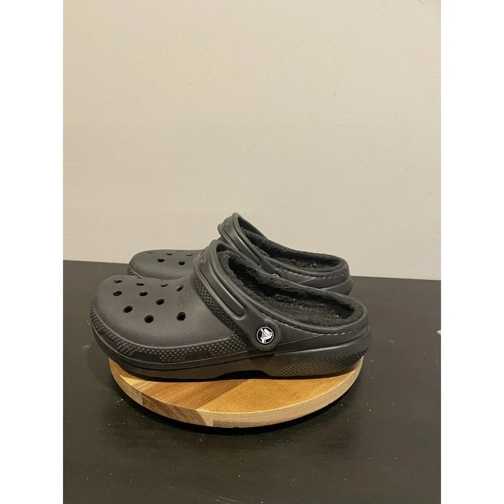 Crocs Classic Clogs Mens 9 Black Faux Fur Slip On Warm Winter Comfort Shoes